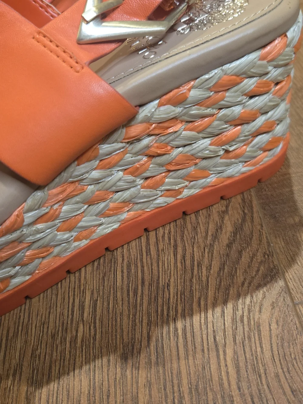NEW Vince Camuto Orange Leather Platform Wedge Sandals Espadrille Women's 6M